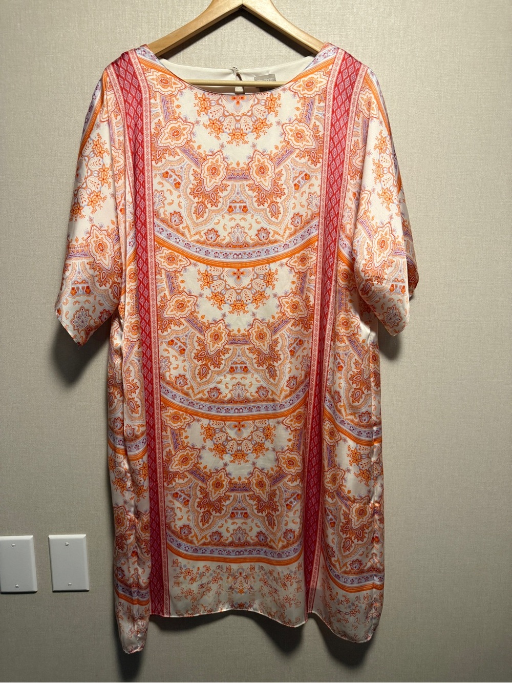 Chico’s Size 3 (US 16) Paisley Shift Dress Orange Pink White Boho Midi Resort